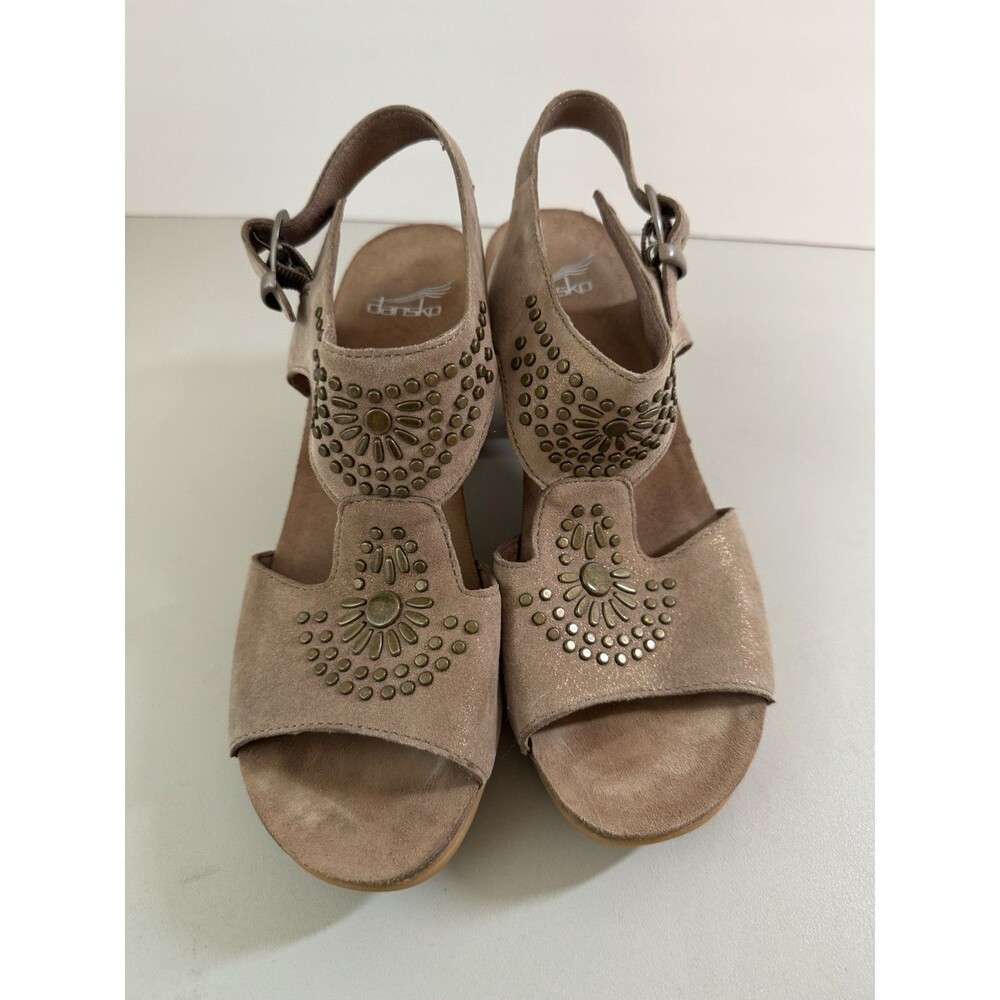 DANSKO Deandra Suede Studded Sandal Women 39/8.5 Beige Shimmer Block Heel
